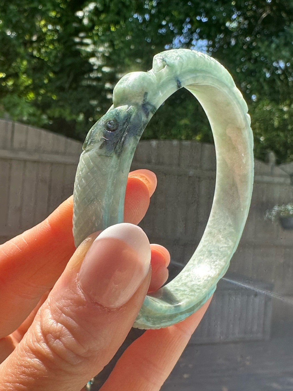 RARE SIZE 7.75 🍀 Jade Lucky Fish 🐟 Burmese Jadeite Jade Carved Bangle Bracelet